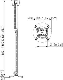 Vogel's PPC 1585 metalholder til loftmontering af videoprojektor, set forfra med dimensioner i millimeter