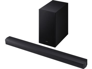 Bară de sunet Samsung HW-B460F neagră, din metal și material textil, cu subwoofer dreptunghiular asortat, vedere din perspectivă trei sferturi
