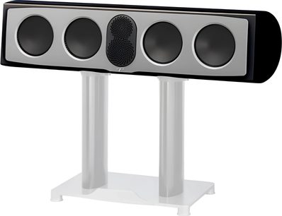 Centralny głośnik Paradigm Persona C w czarnym lakierze z frontem z szarego aluminium, cztery czarne, okrągłe przetworniki otaczające moduł wysokotonowy pod centralną perforowaną maskownicą, widok z prawego przedniego trzyczwartego kąta na podwójnej, cylindrycznej białej podstawie