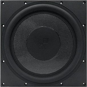 Subwoofer da incasso Sonance R12SUB nero, vista frontale, griglia metallica circolare perforata, 4 viti di fissaggio