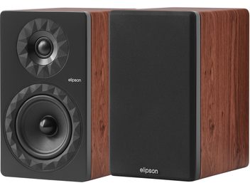 Elipson Prestige Facet II 6B boekenplank luidsprekerpaar, rechthoekige kast in bruin notenhoutfineer en zwarte voorkant met gefacetteerde ringen rond tweeter en woofer, geheel getoond in driekwart vooraanzicht