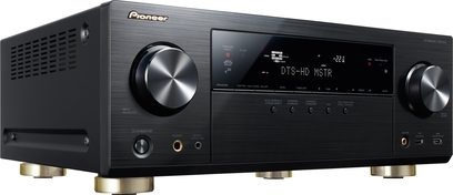 Pioneer VSX-923-K sort home cinema-forstærker, front, set forfra, LED-display, knapper og justeringshjul