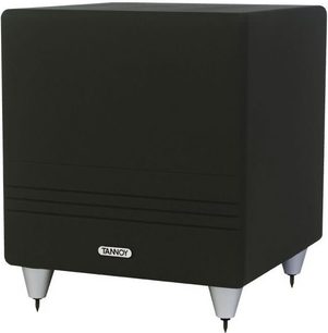 Tannoy TS8 sort subwoofer, set forfra, kubisk form, sort gitter på forsiden, sølvfarvede koniske fødder