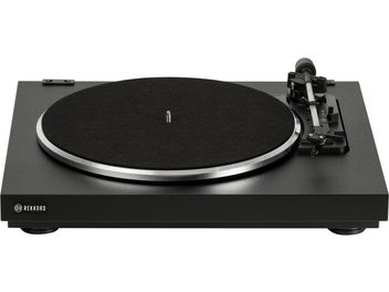 Rekkord F110P sort pladespiller, mat sort cirkulær pladetallerken, tonearm med OM10-pickup, blank sort rektangulær chassis