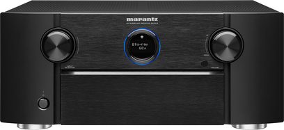 Marantz SR7013 sort hjemmebiografsforstærker, aluminiumsfacade, blåt display, drejeknappper, hovedtelefonstik, ventilationsriste