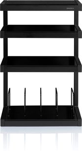 Norstone Design Esse HiFi sort højglans, set forfra, 4 rektangulære hylder, metalstruktur, lodrette skillevægge