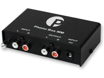 Pro-Ject Phono Box MM black phono preamp with red and white RCA inputs and outputs, rear three-quarter view