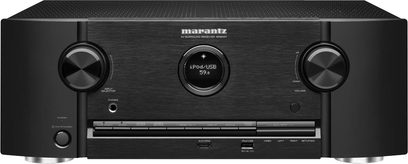 Marantz SR6007 zwarte home cinema-versterker, voorkant, display, metalen knoppen, USB-poorten en hoofdtelefoonaansluiting