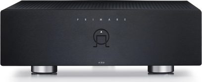 Primare A35.8 effektforstærker i sort, børstet aluminiumsfront, centralt placeret knap, hvid LED, set forfra