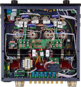 Amplificatore di potenza PrimaLuna EVO 300 argento, vista interna componenti elettronici valvole cavi circuiti stampati