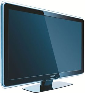 Philips 32PFL7603H fladskærms-TV, LCD, forfra, sølvfarvet ramme, sort fod, mørkeblå slukket skærm