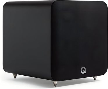 Q Acoustics Q SUB80 matte black subwoofer, satin-finish enclosure with black fabric grille, gray Q logo, and four silver metal conical feet, three-quarter front view