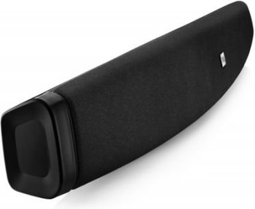 Soundbar JBL SB 200 nera, vista frontale, forma allungata arrotondata alle estremità, griglia nera sulla parte anteriore