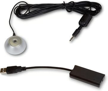Kalibreringsmikrofon BlueSound BLS-RCK1, sølvfarvet metalkoepel, sort kabel med 3,5 mm jackstik og USB-plastikhus, set oppefra