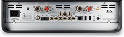 Integrovaný stereofonní zesilovač T+A CALA CDR při pohledu zezadu, stříbrný a černý panel s konektory RCA, porty USB a Ethernet