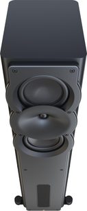 Perlisten A3t matte black floorstanding speaker, three transducers including central waveguide, metal frames, top view