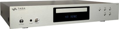 Odtwarzacz CD hi-fi Taga Harmony TCD-30 srebrny z prostokątnym panelem przednim, ekranem wyświetlającym "NO DISC", przyciskami i pokrętłem na panelu przednim.