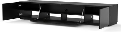 Juoda Sonorous STA200T TV spintelė, 2 atviri skyreliai, 2 stiklinės durelės, stiklinė lentyna, blizganti juoda konstrukcija