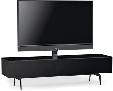Sonorous STA361 juodos spalvos stiklinė ir metalinė audio-video spintelė su lakuota apdaila, žemos stačiakampės formos, su integruotu centriniu TV laikikliu ir keturiomis plonomis kojelėmis, vaizdas iš priekio trim ketvirčiais