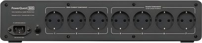 Multiprise Audioquest PowerQuest 505 i sort metal, bagside, syv Schuko-stik, IEC-indgang og 10A nulstillingstast