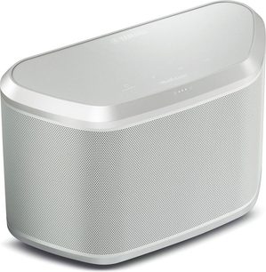 Yamaha WX-030 white wireless speaker, compact, rounded, perforated metal grille, touch-sensitive buttons