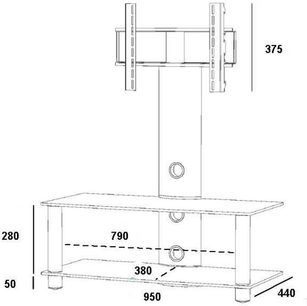 Tv-møbel i glas og metal med vægbeslag, 1 hylde, 950 x 375 x 440 mm, teknisk tegning med mål i mm