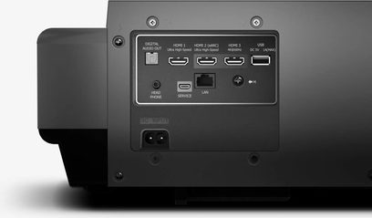 Hisense PX2-PRO projektor, bagside, 3 HDMI-porte, 1 USB-port, 1 LAN-port, 1 hovedtelefonport, 1 serviceport, 1 digital lydudgang, 1 AC-indgang