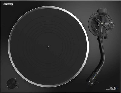 Platine vinyle Reloop TURN X noire, vue de dessus à 45°, plateau circulaire, bras de lecture droit, molette argentée