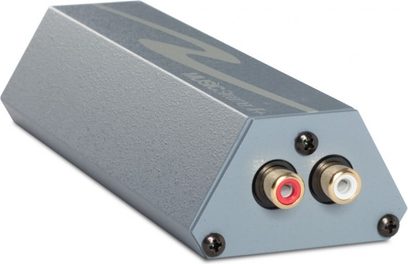 HRT Music Streamer II+ audio DAC-konverter, grå metallic kabinet, RCA- og USB-tilslutninger, 3/4 forvisning ovenfra
