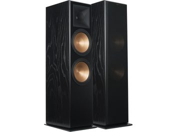 Klipsch RF-7 III siyah kolon hoparlörler, ön görünüm, siyah ahşap damarlı ön panelde iki altın renkli oval hoparlör