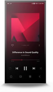 Audiophile přehrávač Astell&Kern PD10 černý, pohled zepředu, s velkým dotykovým displejem zobrazujícím červený audio přehrávač