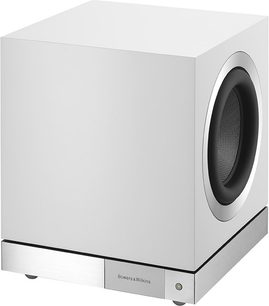 Bowers & Wilkins DB3D satijnwitte subwoofer, vooraanzicht, kubistische vorm, zwarte ronde luidspreker in het midden