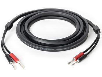 Audioquest Q2 svart høyttalerkabel med SureGrip 100 bananplugger i rødt og svart, glatt kappe med hvit skrift