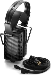 Cuffia hi-fi aperta STAX Lambda SR-L500 MK2 con archetto e cuscinetti in pelle nera, trasduttori elettrostatici rettangolari, cavo spiralato nero