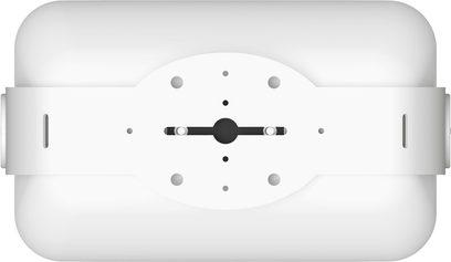 Sonos udendørs højttaler i hvid, set forfra, oval form, hvidt kabinet, sort gitter i midten, grå punkter