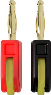 Banana-Stecker Speaker Snap SSBP8 rot und schwarz aus glänzendem Kunststoff mit vergoldeten Metallstiften, Seitenansicht