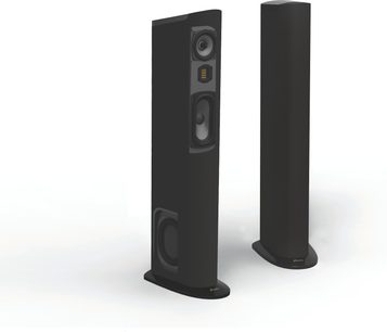 To sorte GoldenEar Triton Three+ gulvhøjttalere, mat sort front, gylden diskanthøjttaler, blank base