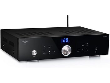 Amplificador hi-fi estéreo preto Advance Paris X-i50BT, painel frontal com botões, tela LCD, portas, grades de ventilação