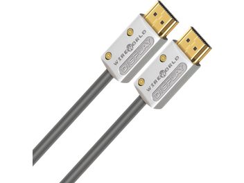 To HDMI-kabler fra Wireworld Stellar Optisk 48Gbps grå med forgyldte stik, set forfra på hvid baggrund