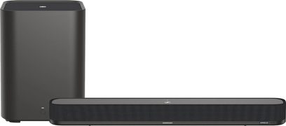 Sennheiser AMBEO Soundbar Mini i matsort rektangulær udgave, med matchende AMBEO Sub subwoofer