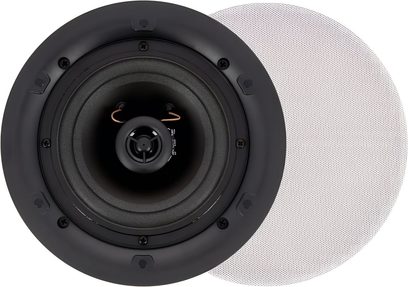 Runde, schwarz eingelassene ArtSound FL502BT-Deckeneinbau-Lautsprecher, Frontansicht mit durchbrochenem weißem Metallgitter daneben