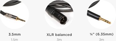 Tři černé ohýbané konektory jack s různými velikostmi: 3,5 mm, vyvážený XLR 3 m a 6,35 mm