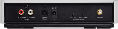 Conversor de áudio DAC Nuforce WDC200 prata, face traseira, conectores RCA, óptico, DC, antena, seletor de modo sem fio