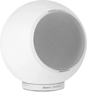 Elipson Planet L Performance 2.0 mat witte luidspreker met bolvormig ontwerp en ronde metalen grill aan de voorkant