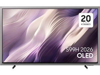 Samsung TQ55S99H 2026 OLED -televisio edestä kuvattuna, ohut näyttö violetilla abstraktilla visuaalilla ja sivujaloilla