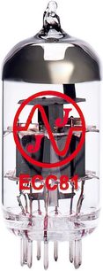 Gennemsigtig glasrør med rødt "JJ ECC81" logo, på kromet 9-bens metalfatning