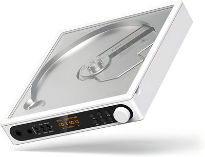 FiiO DM15 hvid cd-afspiller, gennemsigtigt låg åbent, orange display på sort frontpanel og stort drejehjul