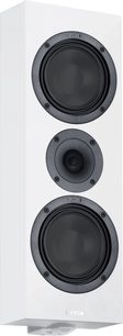 Cassa acustica da parete Canton GLE 15 PRO SS2 bianca opaca, vista di tre quarti, frontale con due woofer neri e tweeter centrale