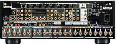 Denon AVC-X6500H sort hjemmebiografsforstærker, bagside, mange lyd/video-stik, højttalerterminaler, nærbillede