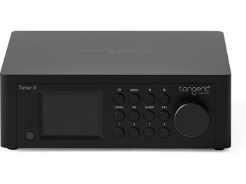 Tangent TUNER III Radiotuner in Mattschwarz, Gehäuse in Metalloptik, Frontansicht, Display links, runde Tasten, Regler rechts